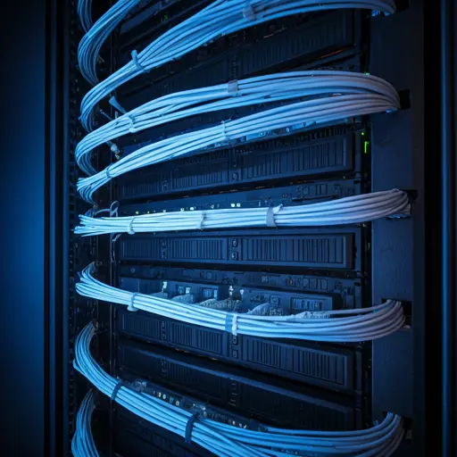 Telecommunications data center with server rack lights and organized fiber optic cables